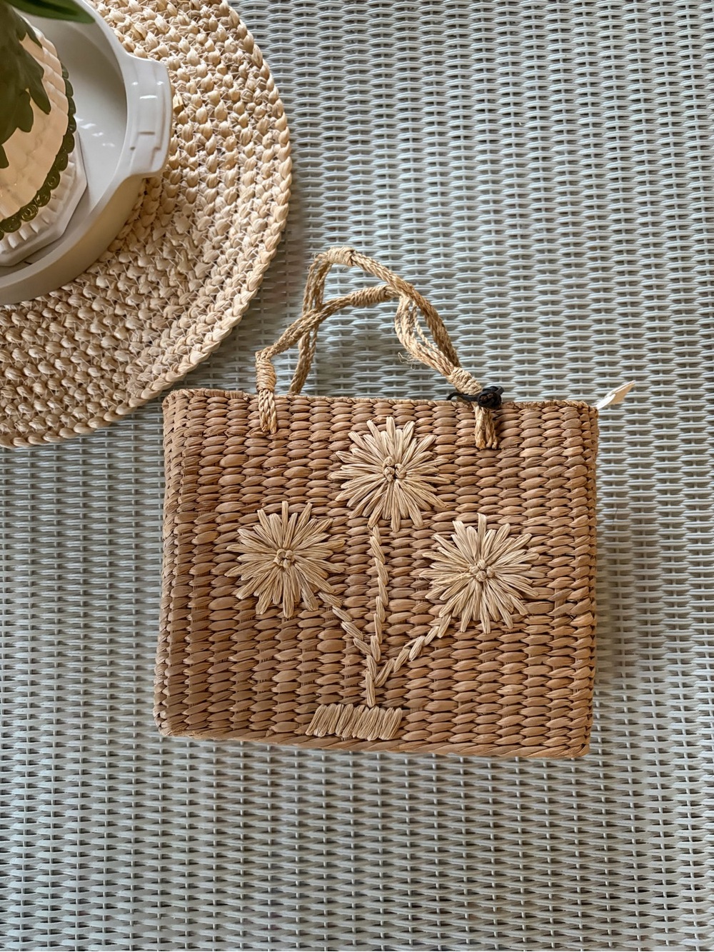 Handwoven Natural Straw Tote with Daisy Embellishment